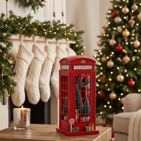 Cabina telefonica rossa in metallo e PE per villaggio di Natale h 22,5 cm (1/3)