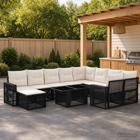 vidaXL Set Divano da Giardino 11 pz Nero e Bianco Crema polyrattan (1/5)