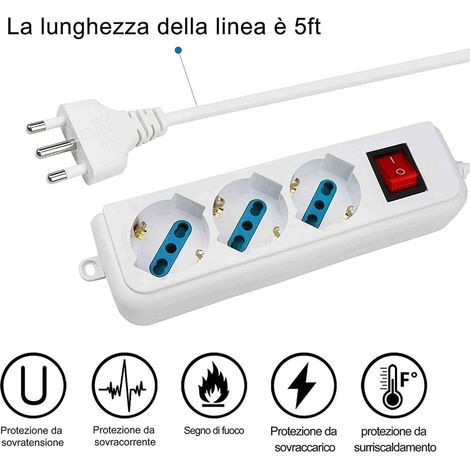 Multipresa Ciabatta Elettrica Cavo 1,5M Con 3 Posti Prese Universale 10/16A Schuko e Interruttore Spina 10A Laterale Bianco (1/3)