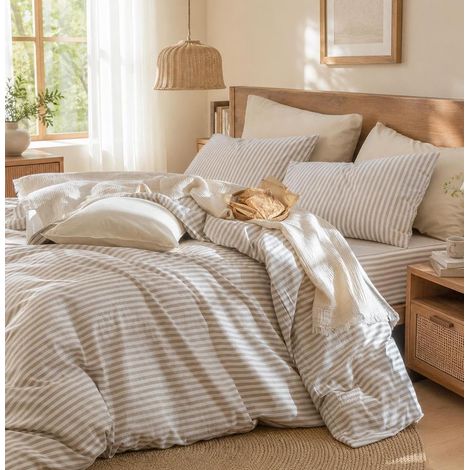 Parure de lit 220 x 240 cm en coton à rayures, beige et blanc, 100 % coton renforcé, avec fermeture éclair, convient aux personnes allergiques, 1 housse de couette et 2 (1/5)