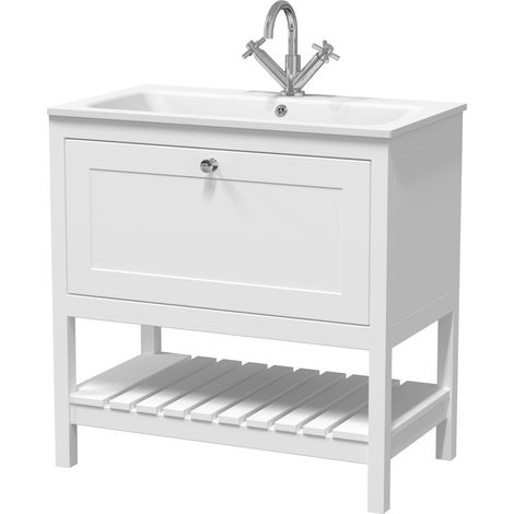 Coppenhall Contemporary 1 Drawer Floor Standing Vanity Unit with Stone Basin, Pure White, 800mm