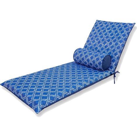 Matelas Transat 195x60 Motif Nautique Bleu + Traversin - Anti-UV & Déperlant