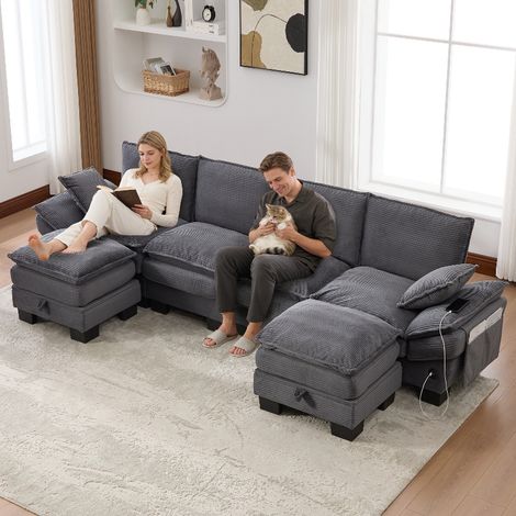 Modulares 4-Sitzer Cordsofa mit 2 Hockern und Stauraum, 330x132x84 cm, Dunkelgrau. Ergonomisches Familiensofa mit USB-C und breiter Sitzfläche. (1/5)