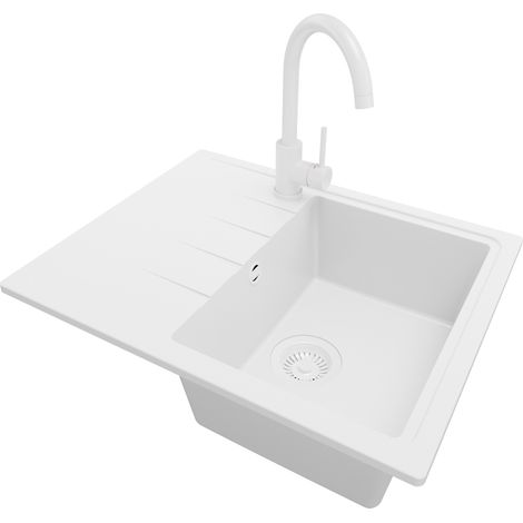 PRIMAGRAN Evier Cuisine en Granit 62x50cm, Lavabo 1 bac + Robinet 32x20cm + Kit de Vidage, Évier à Encastrer au meuble 40cm - Milan, Tout Blanc (1/5)