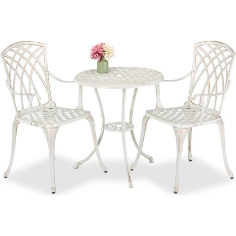 Relaxdays Salon de Jardin pour 2 Personnes, Table avec 2 chaises, Fonte d'aluminium, Design Antique, Blanc et Bronze (1/5)