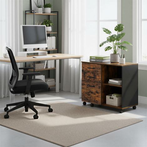 Caisson, Mobile, Meuble à 3 Tiroirs, Support Imprimante, pour Bureau, Style Industriel, Marron et Noir (1/5)