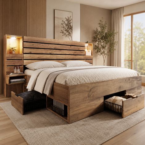 Lit double 180 x 200 cm avec chevets suspendus et 3 tiroirs, USB/Type-C et spots LED, lit adulte avec rangement, niche éclairée, sommier inclus, chêne (1/5)