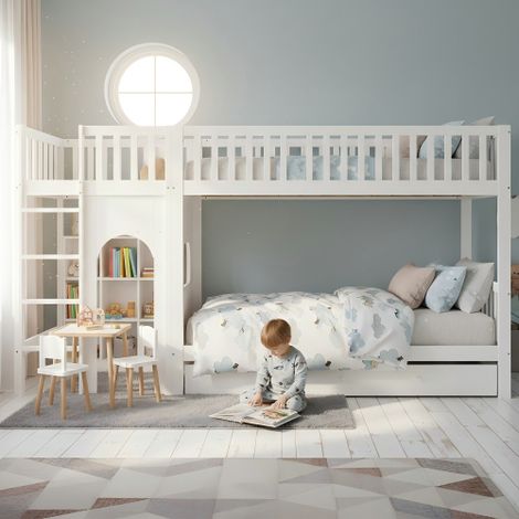 Lit superposé pour enfant, échelle droite à quatre échelons, garde-corps sur les quatre côtés, petit espace pour une personnalisation, pin + MDF + contreplaqué, blanc, 90 x 200 cm (1/5)