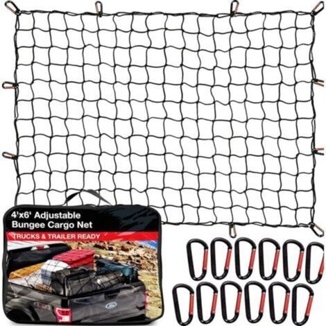 Filet de chargement pour benne de pick-up (122 x 183 cm extensible à 244 x 366 cm) - Accessoires robustes pour benne de pick-up - 12 mousquetons métalliques, filet élastique avec croch (1/4)