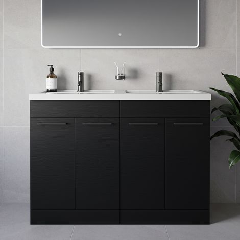 Napoli 390 Nero Oak 1200mm 4 Door Vanity Unit with Double Lucia Basins - 1200mm - Gunmetal Grey 160mm Handle