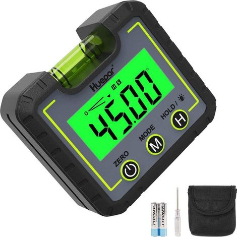 Buscador de ángulos digital, Huepar 0-360° Caja de nivel digital Medidor de ángulos con ranura en V Base magnética y retroiluminación LCD Medidor de bisel Transportador Inclinómetro para carpintería,