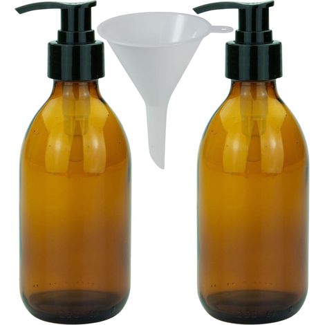 mikken Set di 2 distributori di sapone in vetro marrone 250 ml – dispenser di lozioni ricaricabili e bottiglie di pompa, senza BPA, per sapone, disinfettante, detersivo, detersivo, shampoo con imbuto (1/5)