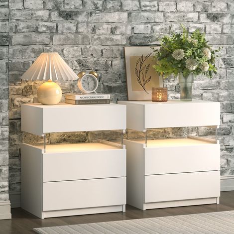 Cubehom Lot de 2 table de chevet LED à 3 tiroirs Table de chevet en acrylique pour chambre à coucher Salon , Blanc