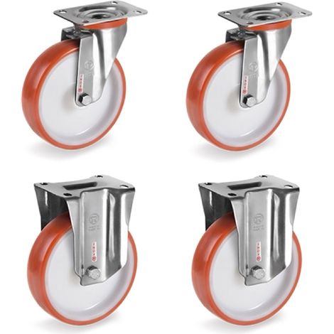 Lot de 4 roulettes INOX pivotantes et fixes polyuréthane rouge 80 mm - 360Kg (1/3)