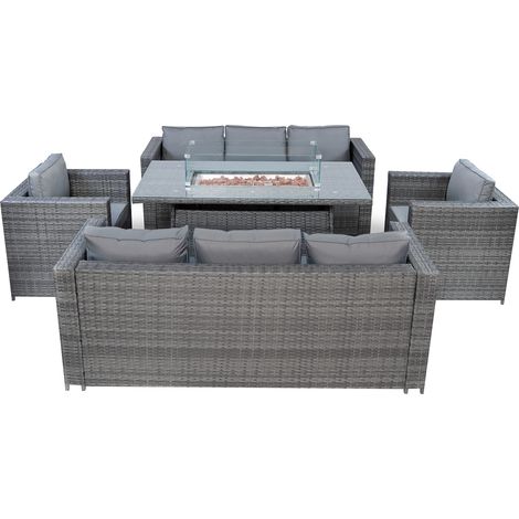 Rattan Gartenmöbel 8-Sitzer Schwarz/Grau Sofa Sessel Feuerstellen