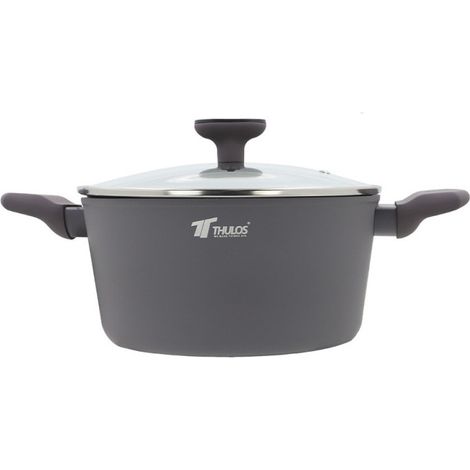 Cocotte en aluminium forgé avec couvercle en verre Ø 24 cm  Revêtement antiadhésif effet pierre  Profondeur 12 cm (1/5)