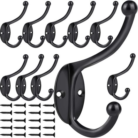 Crochets muraux ZEYU, lot de 10, pour suspendre manteaux, serviettes et autres vêtements. Crochets doubles noirs antirouille, fixation murale avec vis, pour clés, serviettes, sacs. (1/5)