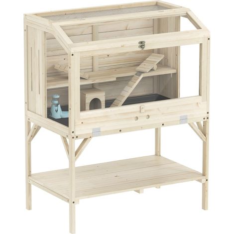 Cage pour hamster 2 niveaux avec rangement, bac coulissant, vue panoramique, aération latérale et accessoires, 84 x 53 x 110 cm, bois de sapin - CHICFURN (1/5)