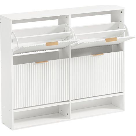 Meuble à chaussures blanc 120 x 24 cm avec façade rainurée, réglable en hauteur, avec système anti-basculement et plateau décoratif (1/5)