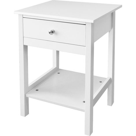 Bedside Table, Small Bedside Cabinet with Drawer and Storage Shelf, Wooden Nightstand End Sofa Side Table with Gold Frame for Bedroom, Living Room, White (1/5)