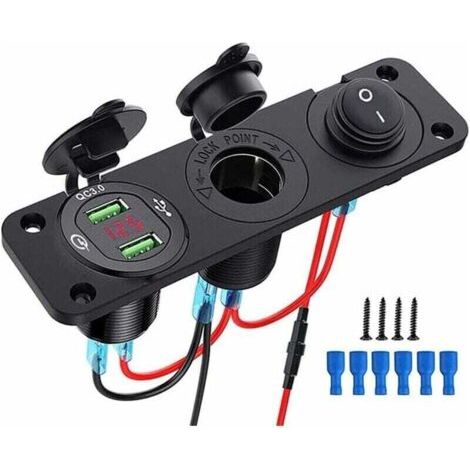 Prise USB 12V Encastrable Allume Cigare QC 3.0 Double Chargeur Interrupteur à Bascule Lumineux pour Voitures Bateaux Remorques Bus Noir