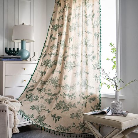 Rideaux bohèmes à pompons, rideaux semi-occultants verts bohèmes, longueur 150 x 200 cm, lin et coton, panneaux de rideaux style ferme, motif floral, rideaux à œillets pour salon/chambre, 2 panneaux (1/5)
