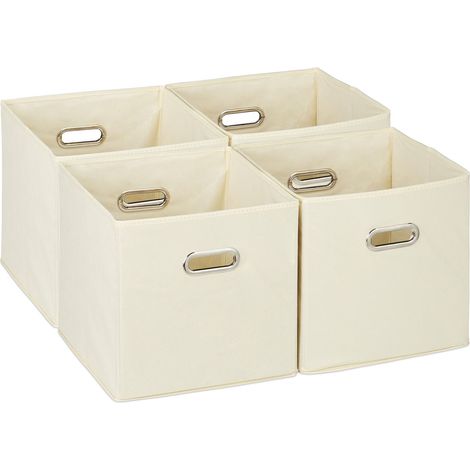 Lot de 4 boîtes de rangement, caisses pliables, HxLxP : 30x30x30 cm, poignées, panières pour étagère, beige (1/5)