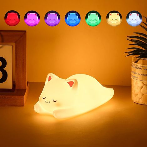 Veilleuse Enfant,7 couleurs Veilleuse Chat,Veilleuse Bébé Lampe de Chevet Minuterie1/3 Heure&Gradation de luminosité,Kawaii Veilleuse Déco Chambre，Cadeaux et surprises pour garçons et filles