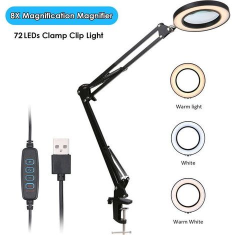 Loupe Loupe avec pince à pince LED Grossissement 8X 10 niveaux de luminosité réglable Dimmable 3 couleurs Changement de température Lampe de bureau Alimenté par USB avec support de support flexible pl (1/5)