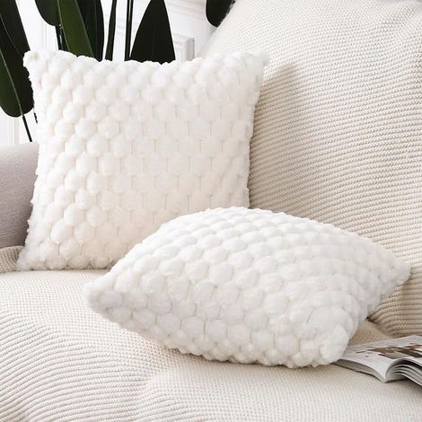 Lot de Housses de Coussin Peluche Fausse Fourrure Housse de Coussin Coussin de canapé Blanc 60x60 cm (1/2)