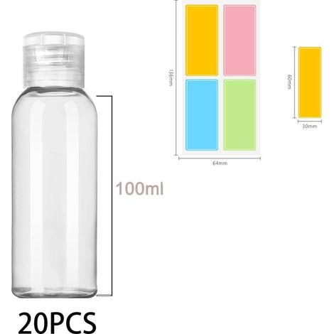 Packung mit 20 tragbaren, transparenten Kunststoff-Reiseflaschen mit Klappverschluss für Shampoo und Kosmetika, 100 ml (1/4)