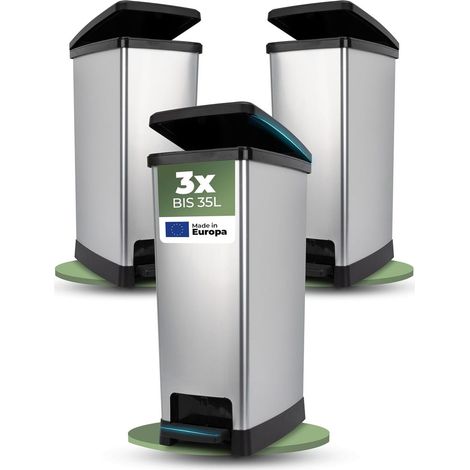 Novaliv 3x Grande Poubelle avec couvercle - Poubelle à pédale 35L avec système de fermeture en douceur - Poubelle robuste avec couvercle et pédale -