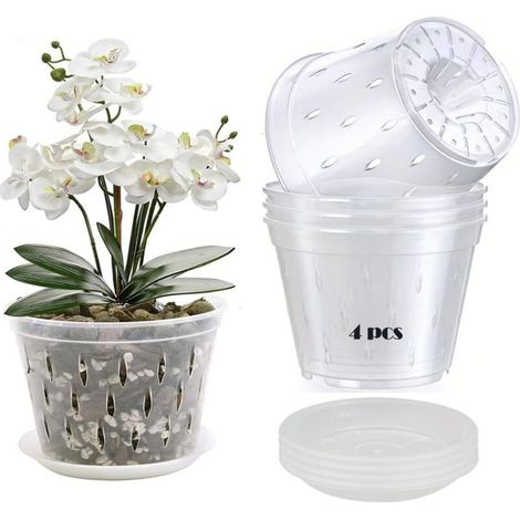 Lot de 4 pots à orchidées (12,5 cm), pots transparents avec trous et soucoupes, pots en plastique transparent respirant pour le rempotage. (1/5)