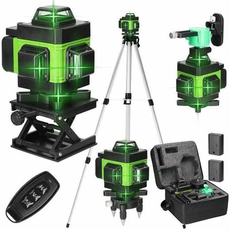 Niveau laser en 4 x 360° 4D 16 Lignes Auo-équilibrage du Niau Laser Vert Rotatif Outil de Niveau Vertical Horizontal avec d'auto-Nivellement IP54 2xBatteries Rechargeables, avec trépied
