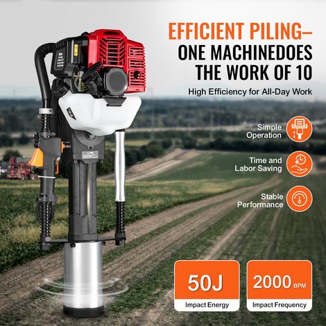 Marteau enfonce-pieux thermique 52cc 2 temps 1400W, 3 têtes 49/69/100 mm, clôtures et clôturage (1/5)