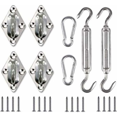 4 Kit de fixation, Acier inoxydable, Pour voile d'ombrage, Supports muraux, Mousquetons, Vis de tension, Terrasse et jardin (1/4)