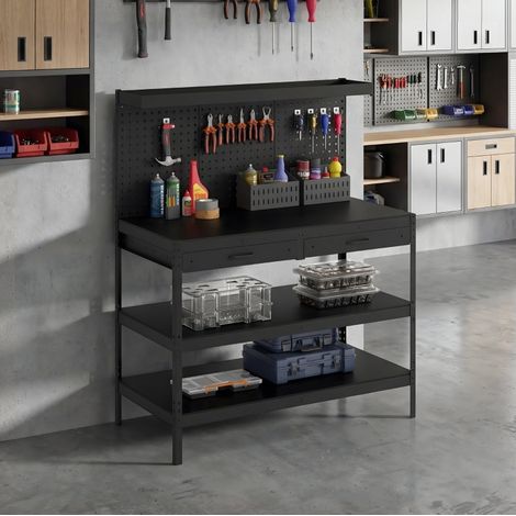 Banco de trabajo 122 x 61 x 156 cm con panel perforado, 2 cajones, negro DESVIAE (1/5)