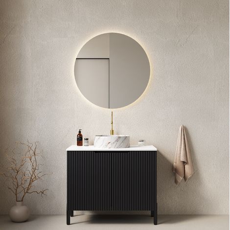 Freistehender Waschtischunterschrank 76 cm Schwarz mit rundem Keramikbecken OKWISH (1/5)
