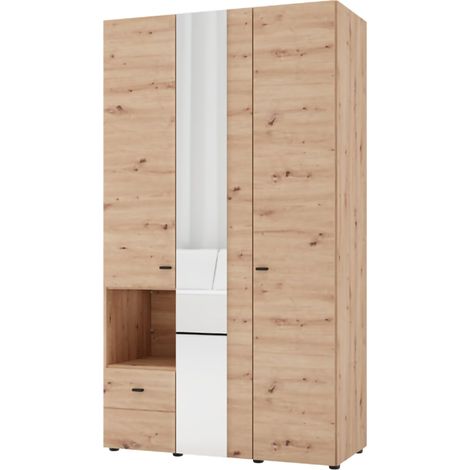 Guardaroba 3 Ante Patzcu, Armadio Camera da Letto Appendiabiti, un Cassetto, 5 Ripiani, 117x52 cm Marrone Rovere Nodi