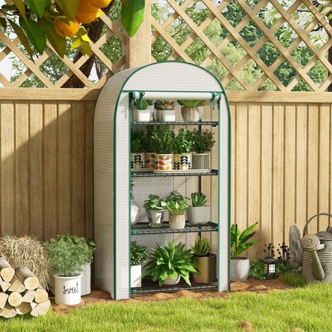 Serra da giardino, serra da balcone, resistente ai raggi UV, porta avvolgibile, 4 ripiani, copertura in PE, 80 x 50 x 160 cm, bianca