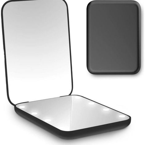 Miroir de poche, miroir de maquillage portable à LED avec grossissement 1x/2x, avec lumière, double face, pliable, portable, noir. (1/4)