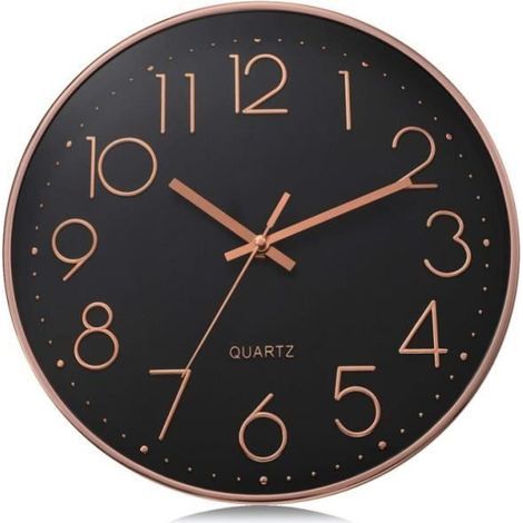 Moderne, geräuschlose schwarze Wanduhr, 30 cm, Quarzwerk, keine tickenden Details, dekorative 3D-Ziffern in Roségold, klassische, gut lesbare Wanduhr (1/4)