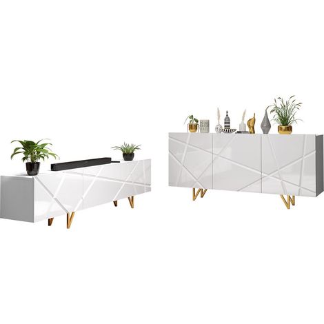 Mirjan24 – Ensemble de meubles de salon blanc et brillant – MDF et stratifié – Table TV incluse – Dimensions 76x37 cm – Design moderne (1/5)