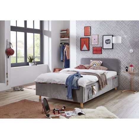Meise Möbel Jugendbett Cosy 140x200 cm Bettgestell USB 4 Betttaschen Strukturstoff Grau Holzfuß eichefarbig (1/5)