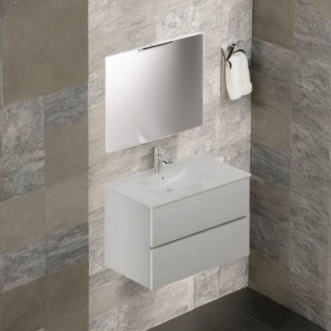 Mobile bagno sospeso bianco frassinato 2 cassetti con lavabo e specchio COMP80BF 81x46x54h (1/2)