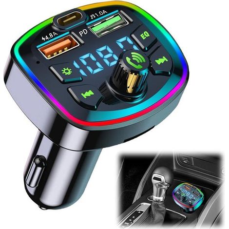 Émetteur FM Bluetooth pour voiture, accessoires de voiture Bluetooth 5.0, kit mains libres Bluetooth pour voiture, adaptateur audio Bluetooth pour voiture, 2 ports USB + Type C [4,8 A + 18 W PD] (1/5)