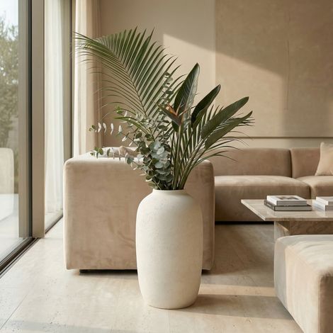 Jardinière ronde en béton, grand pot décoratif rustique fait main pour l'intérieur et l'extérieur, idéal pour le jardin, la terrasse ou le patio, 30 x 51 cm (blanc) (1/5)