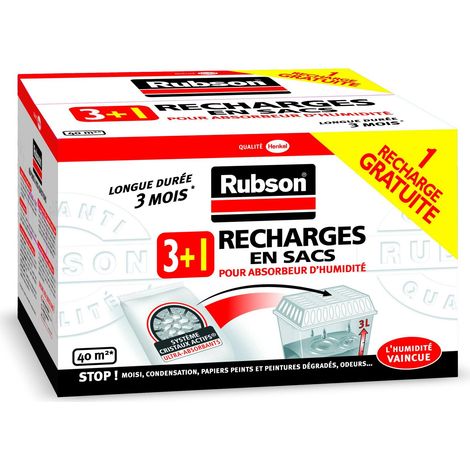 RUBSON Lot de 3 recharges de 1 kg en sac pour absorbeur d'humidité + 1 recharge de 1 kg gratuite, Recharges anti-humidité et anti-odeur