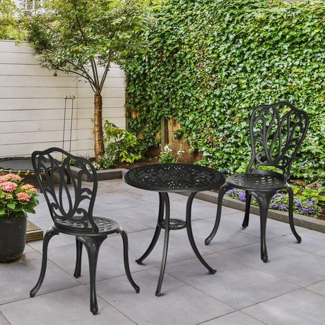 3-teiliges Garten-Set mit 2 Gartenstühlen und Glastisch mit Schirmloch, Aluminium, Schwarz