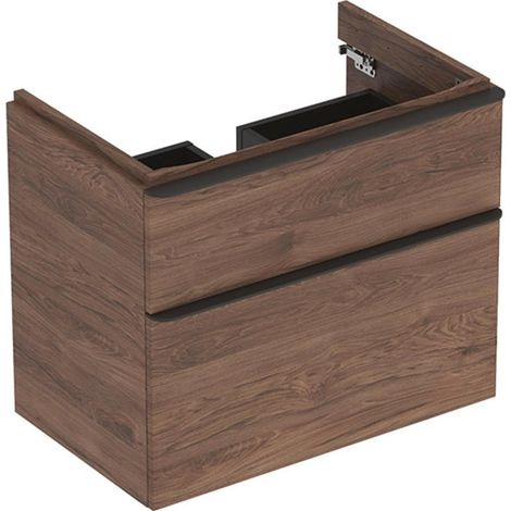 Meuble bas Geberit Smyle Square pour lavabo,avec deux tiroirs: Largeur 73.4cm, Hauteur 61.7cm, Profondeur 47cm, Noyer Carya/mélamine structuré bois, gris velouté / thermopoudré mat